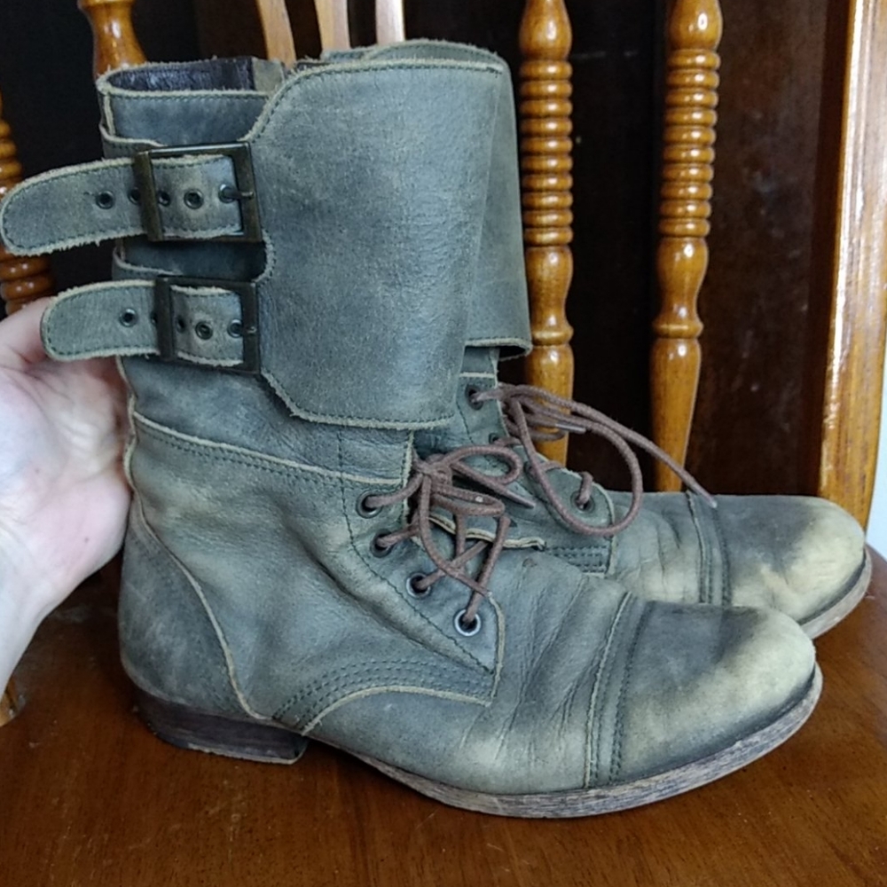 Distressed gray olive leather combat boots